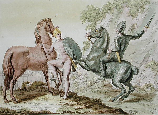 Kreikan ratsuväki, levy 44 Jules Ferrarion "Le Costume Ancien et Moderne" -julkaisusta, julkaistu noin 1820-30-luvulla (värilitho) tekijältä Italian School