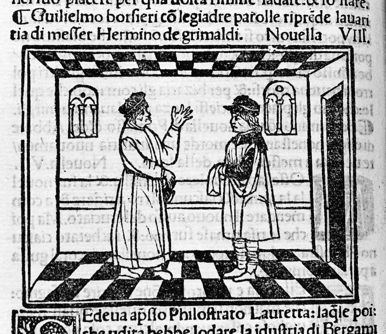 Grimaldin niukka Erminio kohtaa Guglielmo Borsieren, joka yrittää saada häneltä rahaa kauniilla sanoilla. Italialaisen kirjailijan Giovanni Boccaccio dit Jean Boccaccion (1313-1375) kuvitus "Decameronin" uudelle 61:lle (ensimmäisen päivän uusi 8). Kaiverru tekijältä Italian School