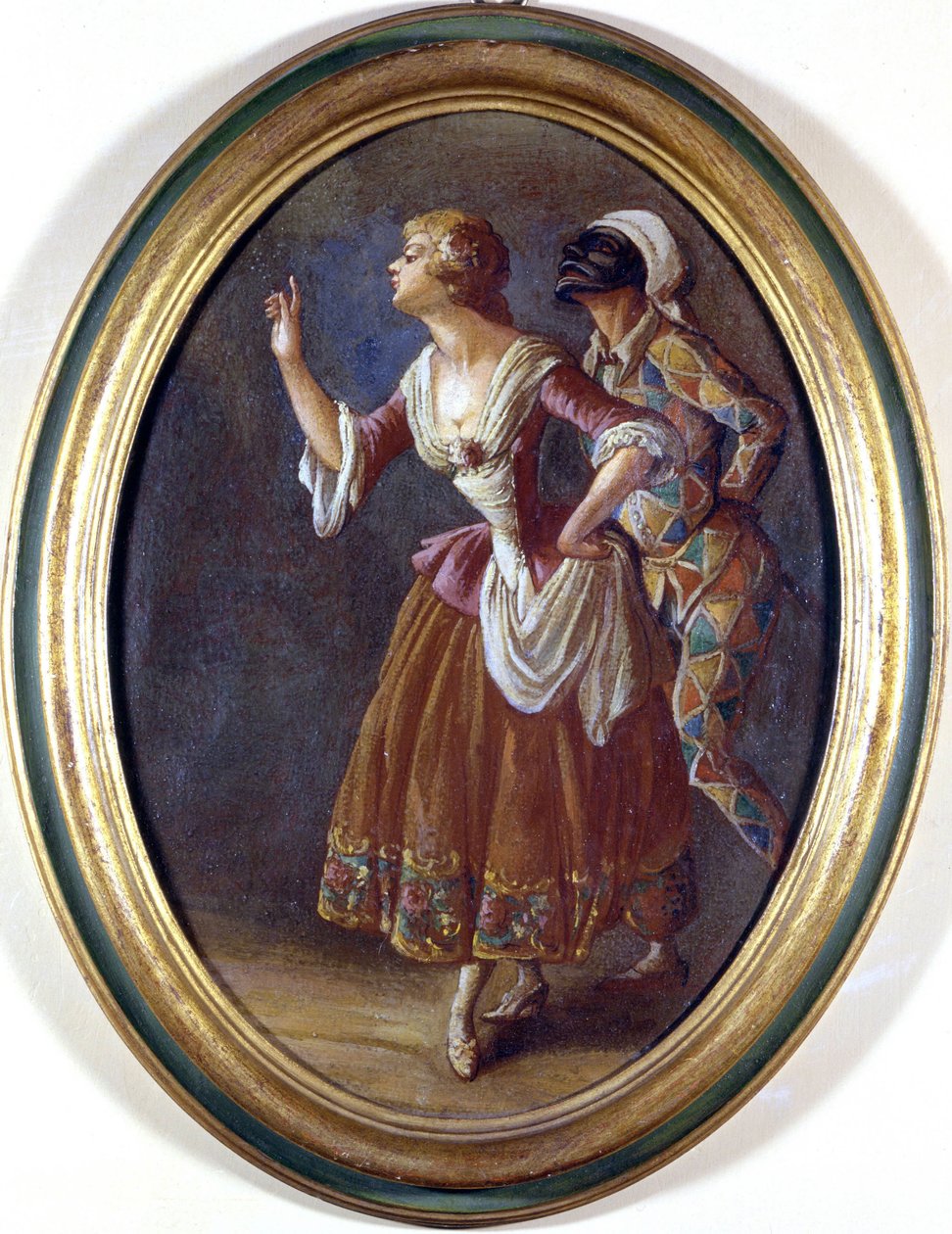 Harlekiini ja kolombiini. Anonyymi maalaus 1800-luvun alusta. Burcardo-museo, Rooma. tekijältä Italian School