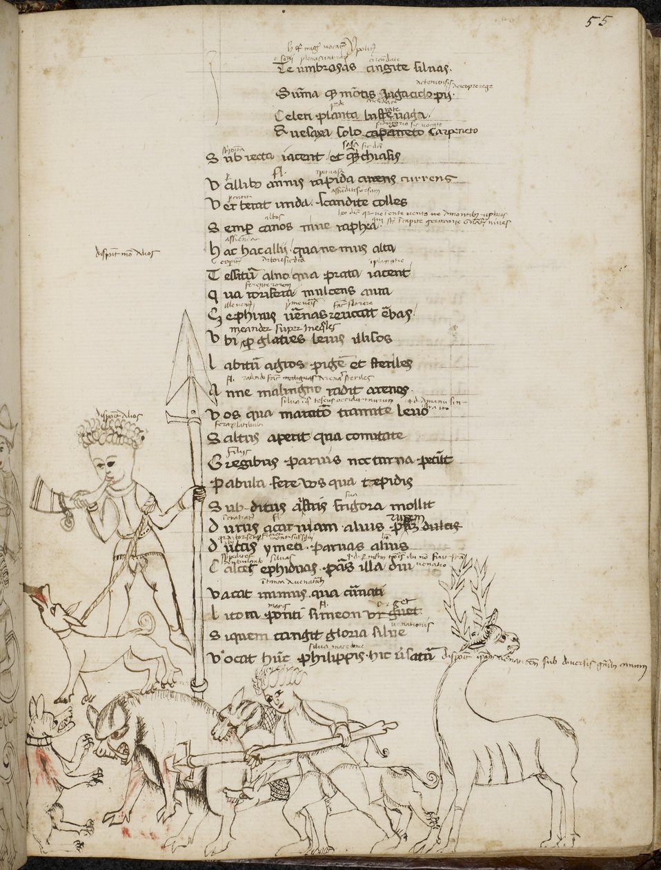 Harley 2453, f.55 Metsästyskohtaus villisian, poltan, metsästäjien, koirien ja jänisen kanssa Tragodiaesta, Lucius Annaeus Seneca tekijältä Italian School