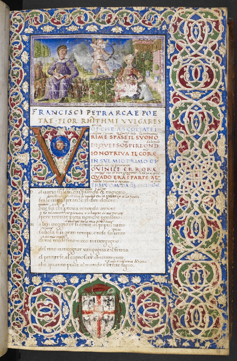 Harley 3567, f.9 Petrarchin ja Lauran miniatyyri, jossa Love suuntaa nuolensa Lauraan, elokuvasta Rime and Trionfi tekijältä Italian School