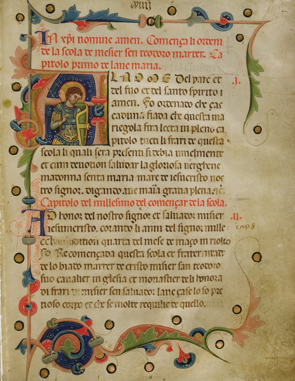 Historiallinen alkukirjain "A", jossa näkyy St. Theodore, Mariegolasta vuodelta 1350 (muste vellum) tekijältä Italian School