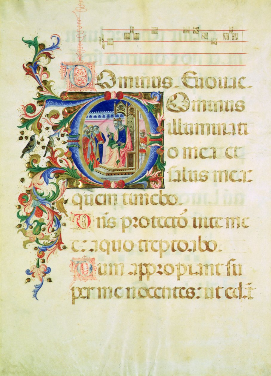 Historioitu alkukirjain "D", joka kuvaa kuningas Daavidia valtaistuimella puhumassa miehille (vellum) tekijältä Italian School