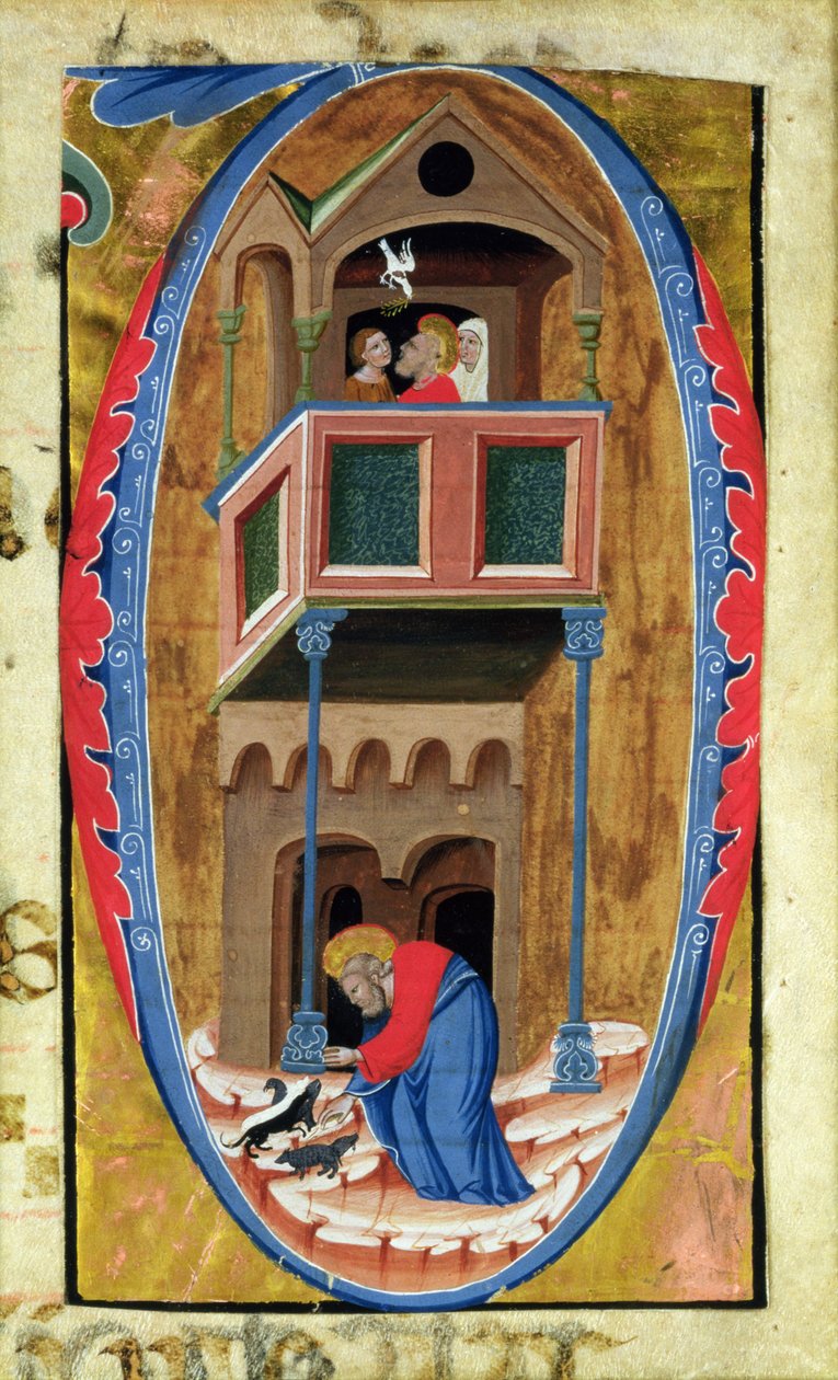 Historiallinen alkuperäinen D, joka kuvaa kohtauksia Legend of a Saint, 1300-luvun lopusta, tekijältä Italian School