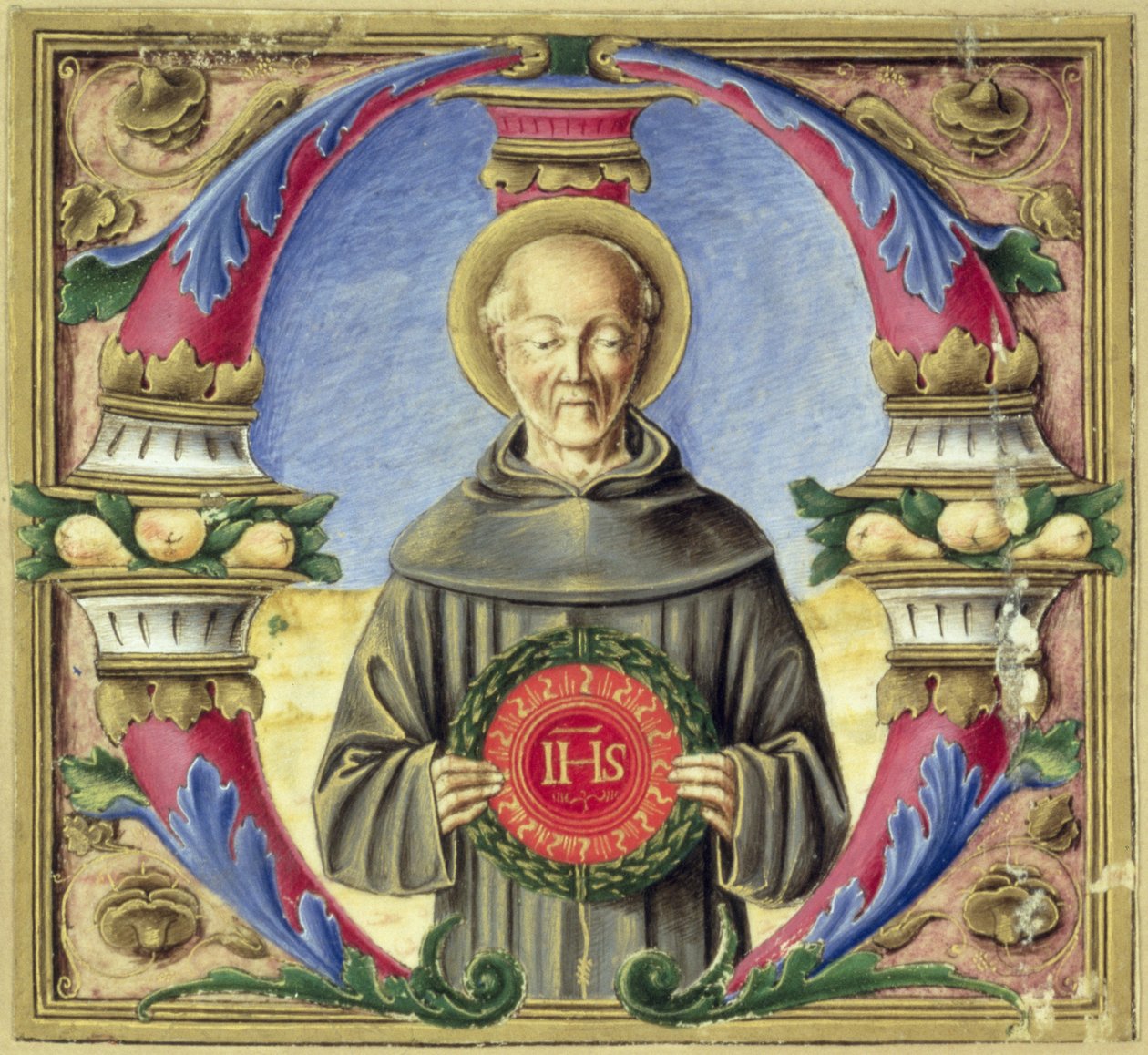 Historiallinen alkukirjain "M", joka kuvaa St. Bernardino of Siena (vellum) tekijältä Italian School