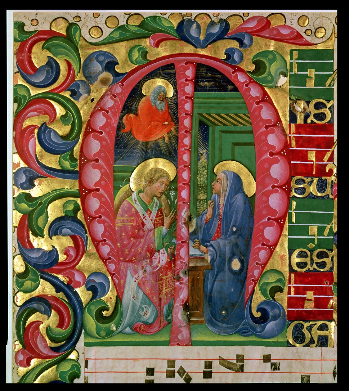 Historioitu alkukirjain M, joka kuvaa Annunciation tekijältä Italian School