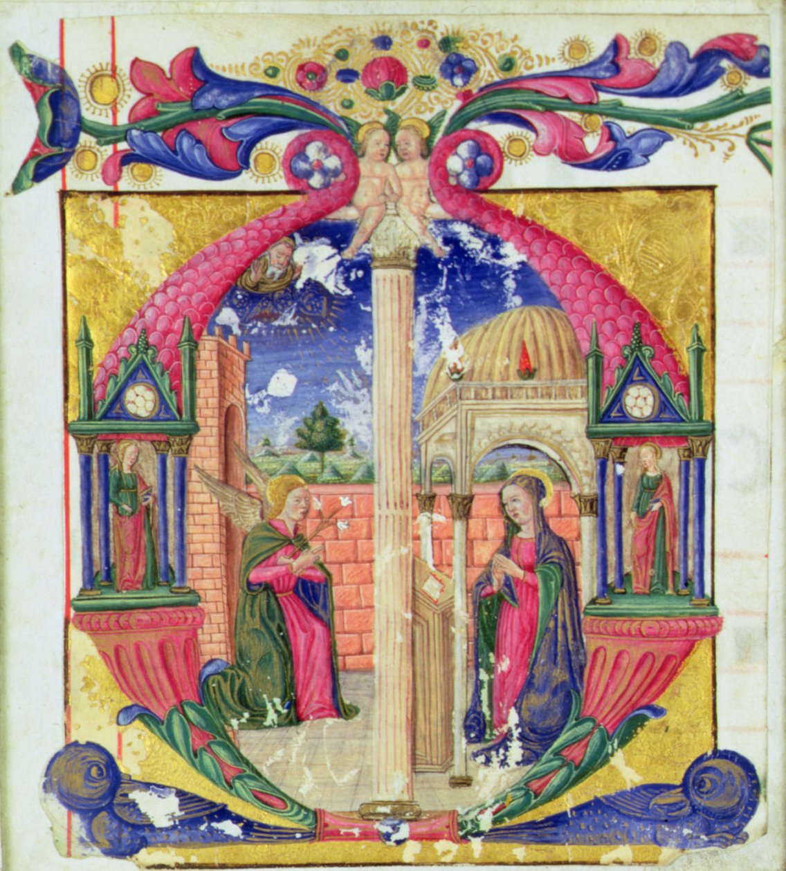 Historioitu alkukirjain "M", joka kuvaa Marian ilmestystä, n. 1475 (vellum) tekijältä Italian School