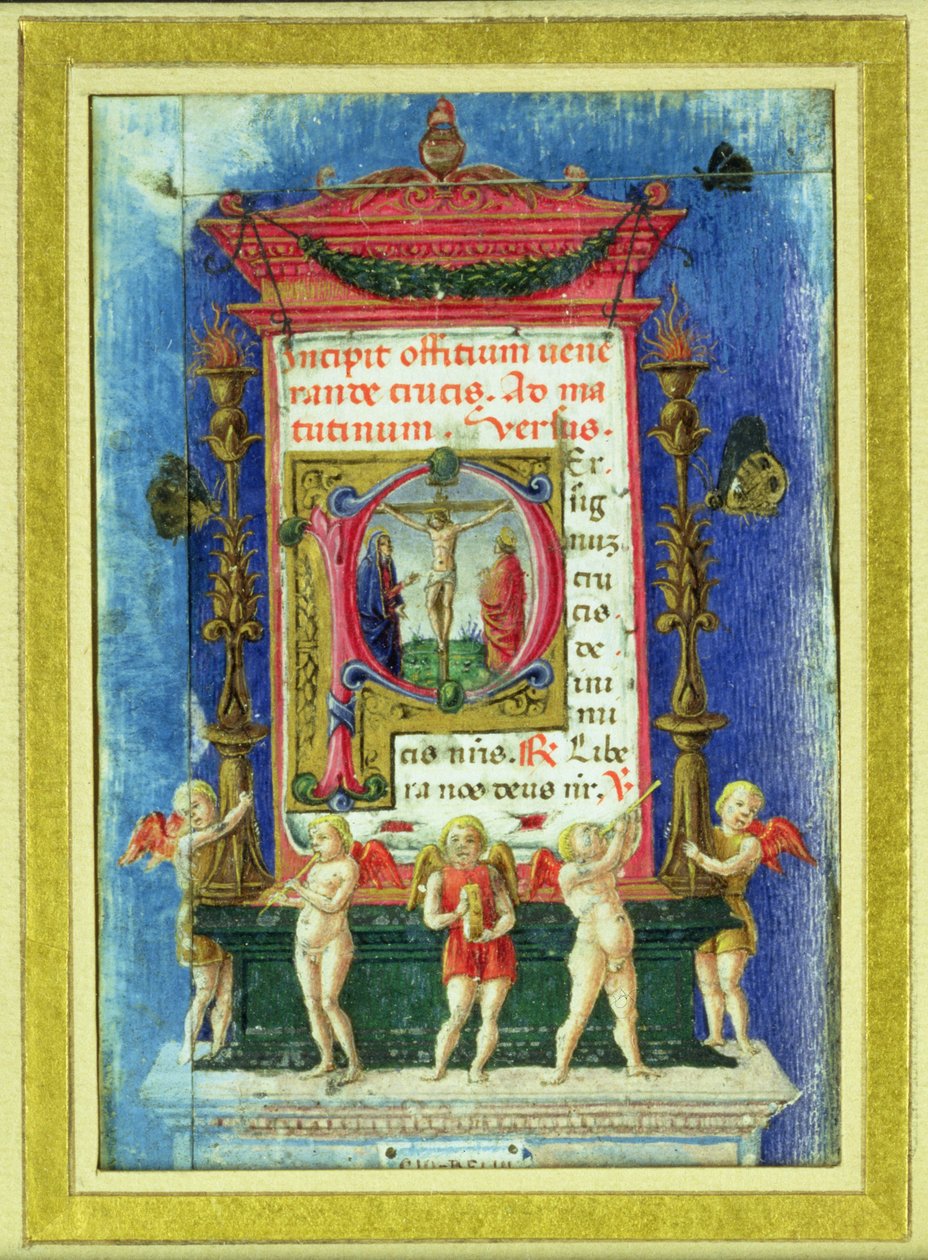 Historioitu alkukirjain "P", joka kuvaa ristiinnaulitsemista, sivu Tuntikirjasta (vellum) tekijältä Italian School