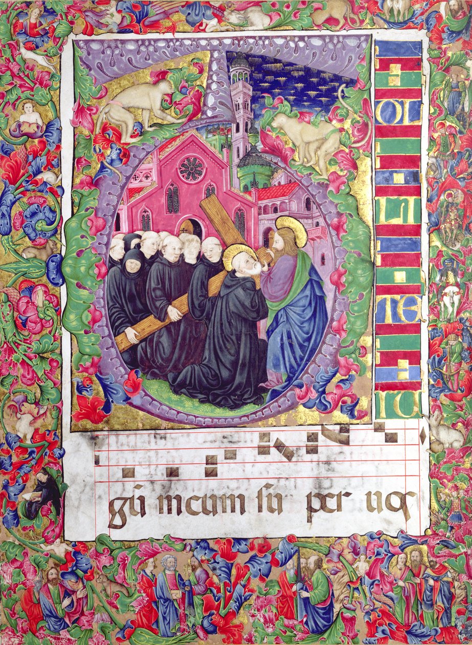 Historioitu alkukirjain "Q", joka kuvaa Kristusta pitelemässä Pyhän Benedictuksen ja benediktiinimunkkien ristiä, Venetsiasta, n. 1440 (vellum) tekijältä Italian School