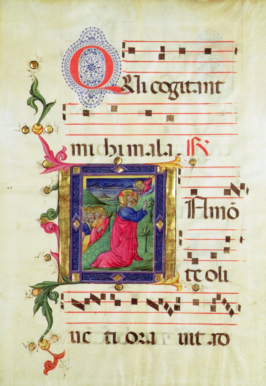 Historiallinen alkukirjain "Q", joka kuvaa Agony in the Garden (vellum) tekijältä Italian School