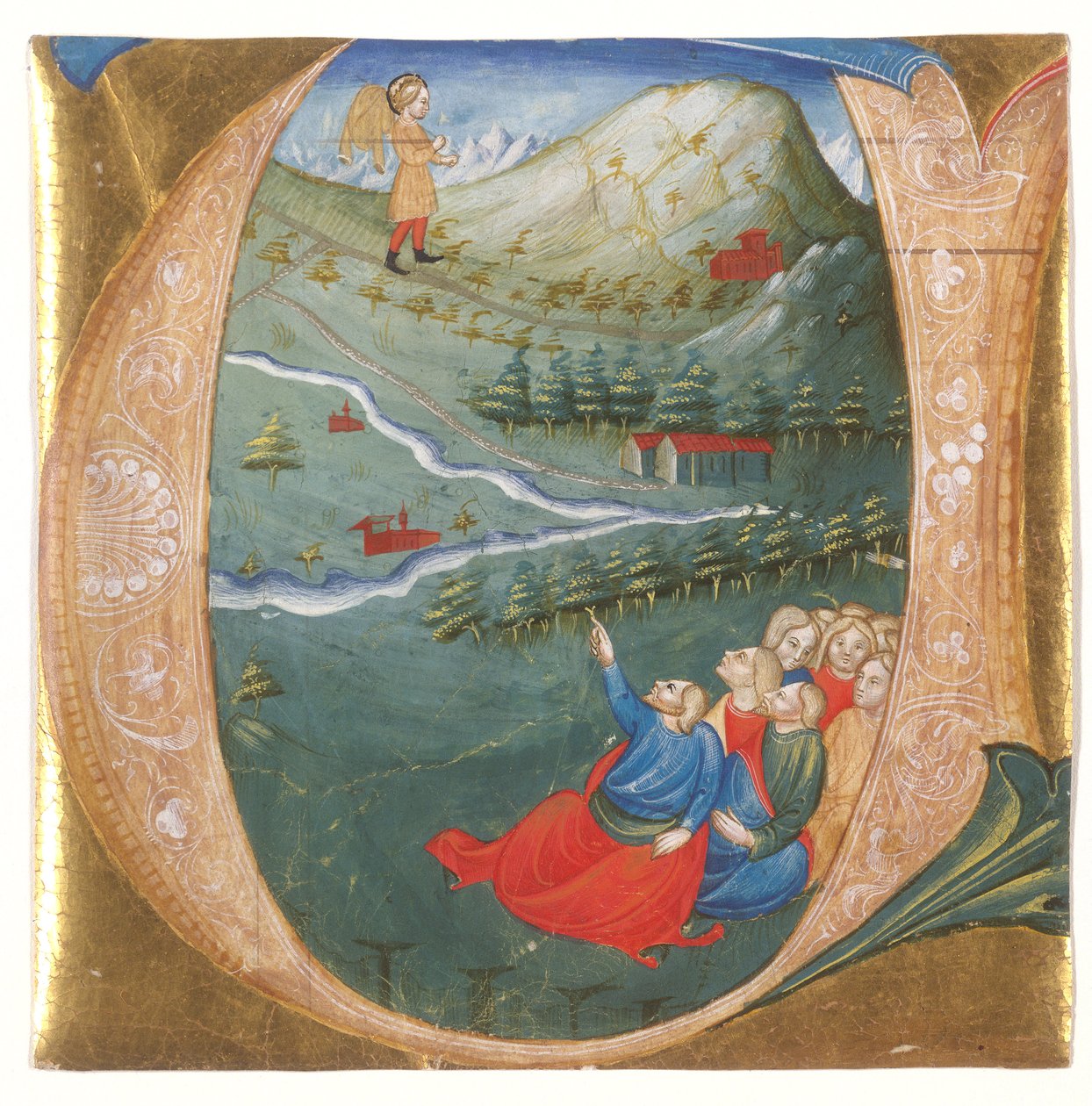 Historioitu alkukirjain, joka kuvaa Elisaa Elian vaipassa, leikkaus antifonaarista, n. 1440 (tempera & kultalehti pergamentilla) tekijältä Italian School