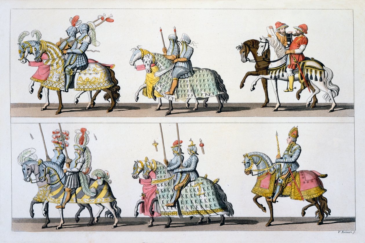 Pyhä Rooman valtakunta: Osallistujat turnaukseen Luxemburgin linnassa Maximilian I:n aikana, Costumi dei Romanista, Svizzeristä. n. 1800-18 tekijältä Italian School