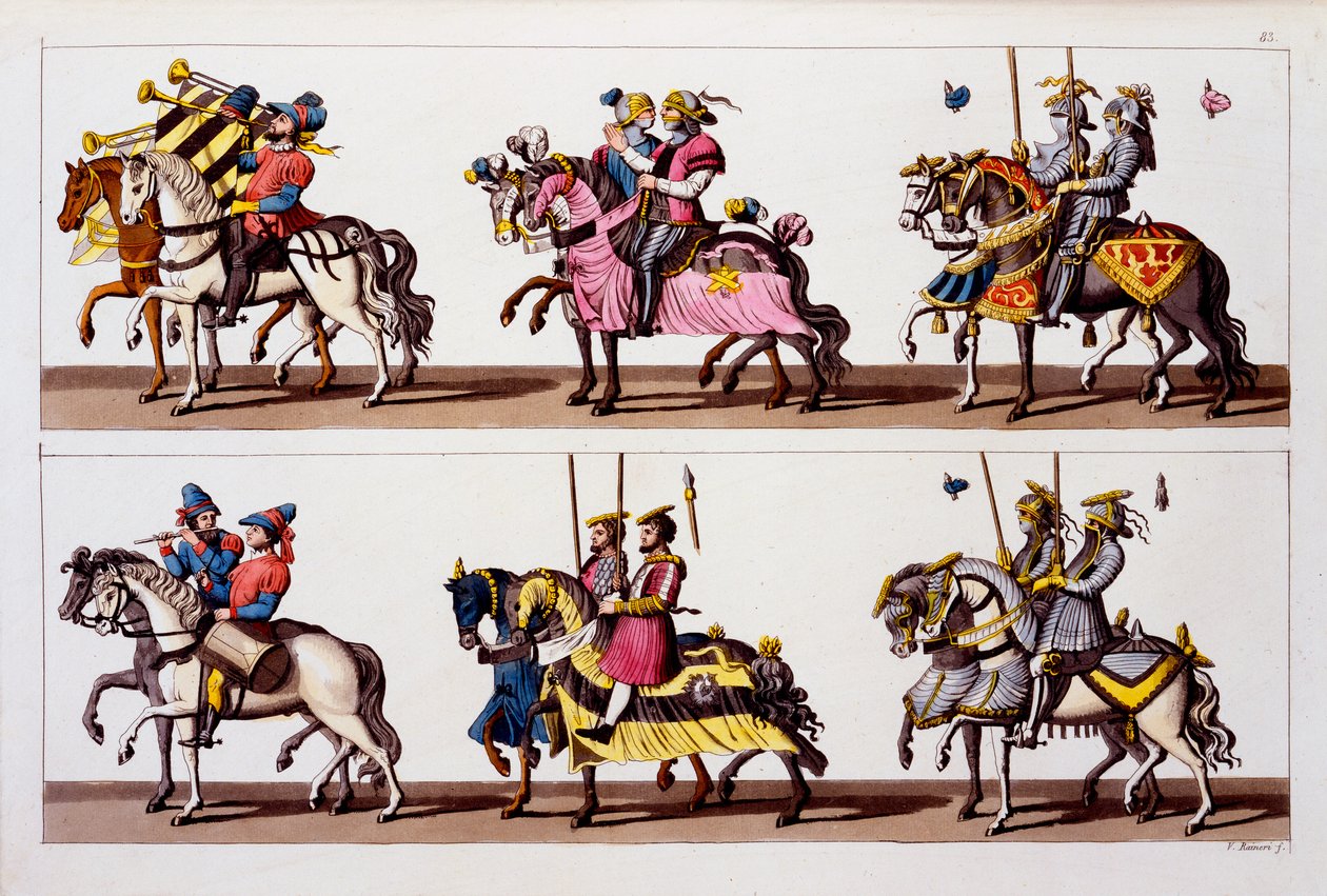 Pyhä Rooman valtakunta: Osallistujat turnaukseen Luxemburgin linnassa Maximilian I:n aikana, Costumi dei Romanista, Svizzeristä. n. 1800-18 tekijältä Italian School