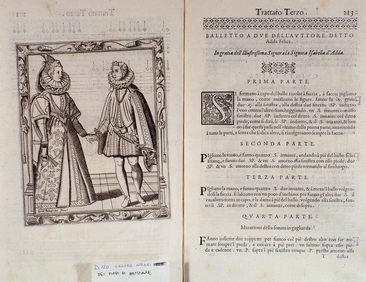 Kuinka tanssia baletti kahdelle Italialaisen tanssijan Cesare Negrin Le Gratie dAmore (Le Grazie dAmore) kaksoissivu nimeltä Il Trombone (1536-1604), tanssisopimus tekijältä Italian School