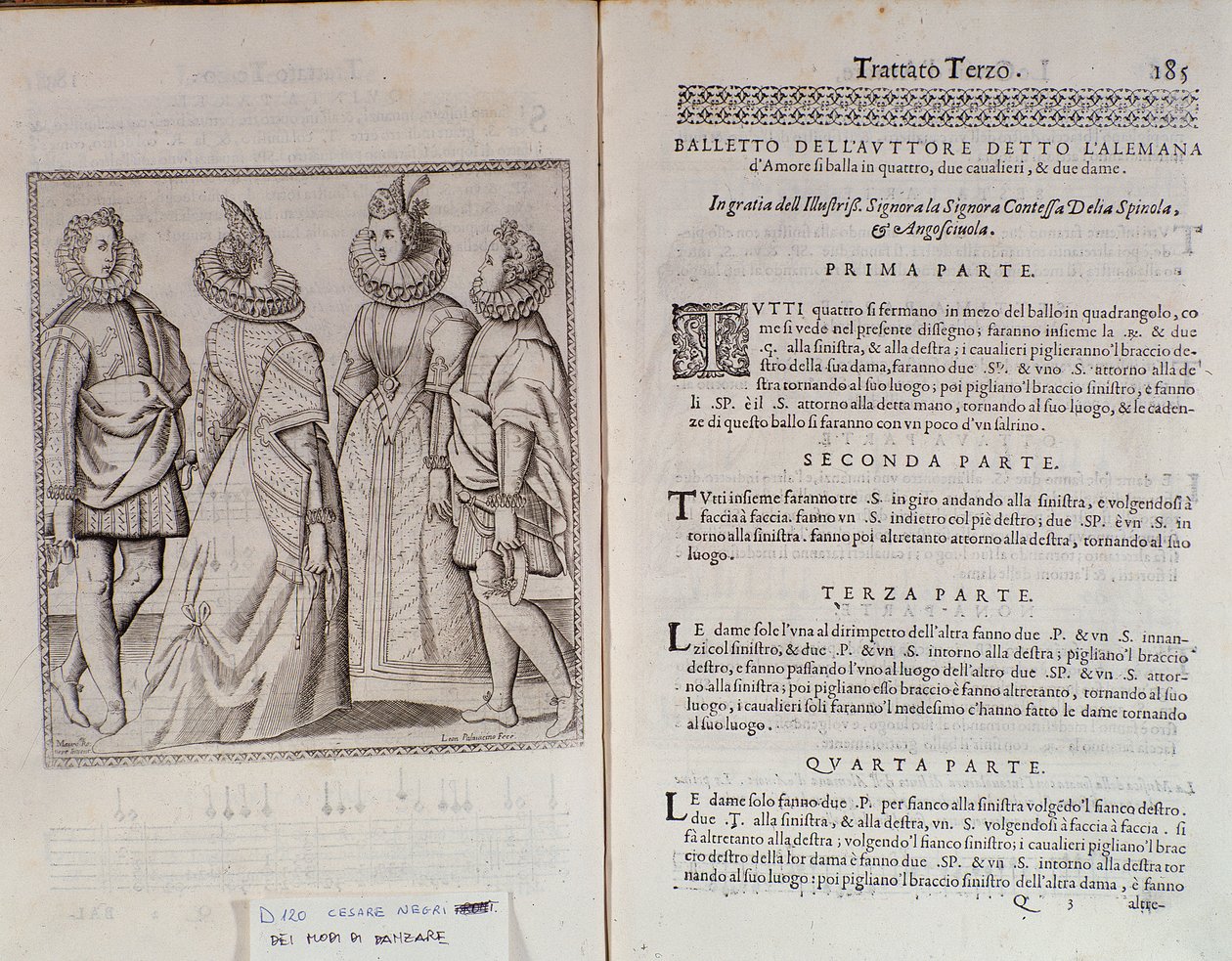 Kuinka tanssia Alemannaa italialaisen tanssijan Cesare Negrin Le Gratie dAmore (Le Grazie dAmore) kaksoissivu nimeltä Il Trombone (1536-1604), tanssisopimus tekijältä Italian School
