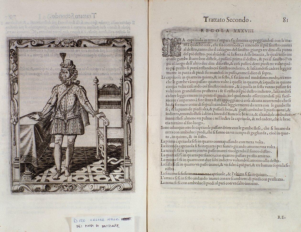 Kuinka tanssia capriolaa Italialaisen tanssijan Cesare Negrin Le Gratie dAmore (Le Grazie dAmore) kaksoissivu nimeltä Il Trombone (1536-1604), tanssisopimus tekijältä Italian School