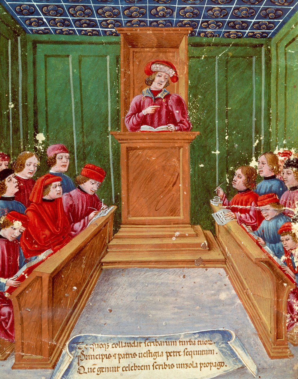 Humanismi: "" Notaarioikeuden opettaminen Bolognan yliopistossa"" Pienoiskuva 1400-luvun käsikirjoituksesta Museo Civico, Bologna tekijältä Italian School