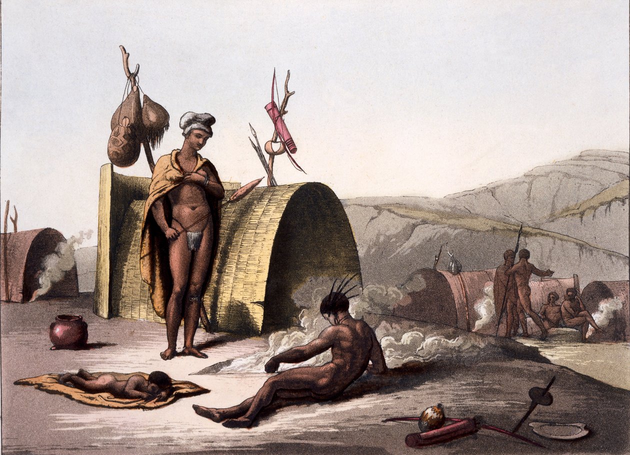 Mökit ja bushmenien leirielämä, Giulio Ferrarion Costumi dei..., n. 1820-30-luvut tekijältä Italian School