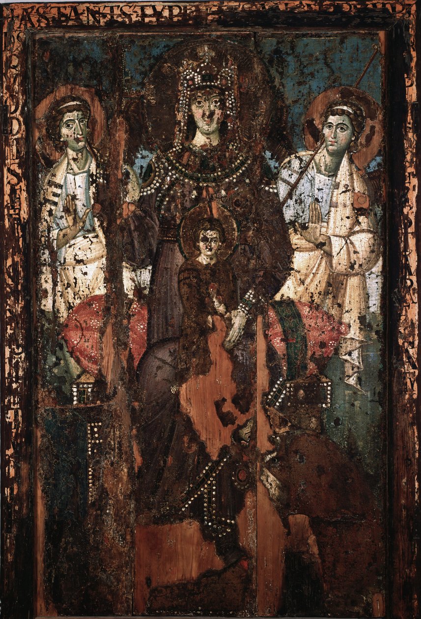 Klemensen neitsyen tai Madonna Theotokosin ikoni maalaa encaustic et tempera 8. vuosisadan Pyhän Marian kirkko Trasteveressa tekijältä Italian School