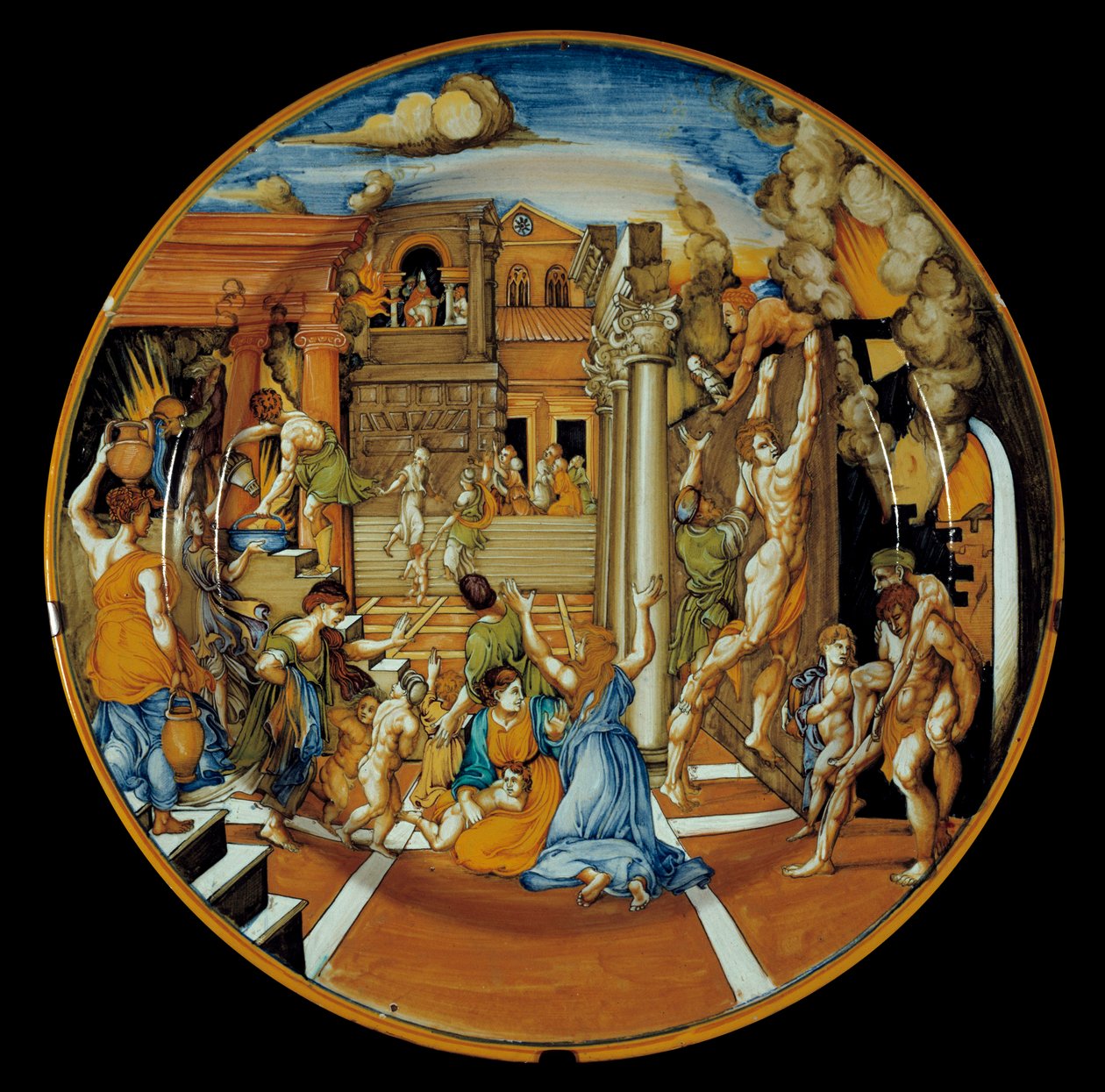 Homeren Ilias: fajanssiastia, joka edustaa Troijan tulta. toteutui Faenzassa. 1525-1530. Pariisi, Louvre-museo tekijältä Italian School