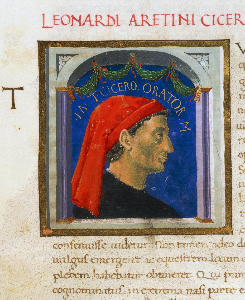 Valaistu sivu Ciceron profiililla, osa I, vasen 1, f 303 r, Vitae virorum illustrium, kirjoittanut Plutarch (n. 46-127), käsikirjoitus, Italia tekijältä Italian School