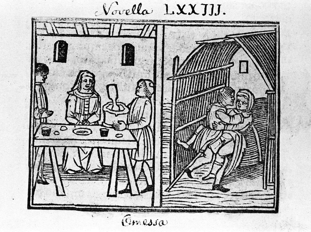 Kuva italialaisen kirjailijan Giovanni Boccaccio dit Jean Boccaccion (1313-1375) "Decameronin" uutisille 73 (uusi 3 kahdeksannesta päivästä). Kaiverrus "" Decamerone ouer Cento nouelle"" Venetsia, Bartolomeo de 