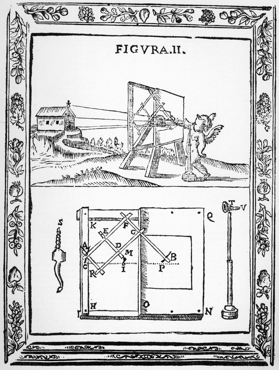 Kuva Giulio Troilin ideasta käyttää virroitinta perspektiivin piirtämiseen, vuonna 1683 julkaistusta alkuperäisestä tekijältä Italian School