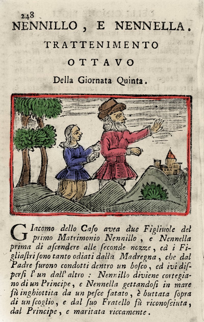 Kuva Giambattista Basile (1575-1632) tarinasta "" Poucet et Poucet (Nennillo ja Nennella)""" kirjasta "" Pentamerone"", päivä v, tarina 8. Napolin painokset tekijältä Italian School
