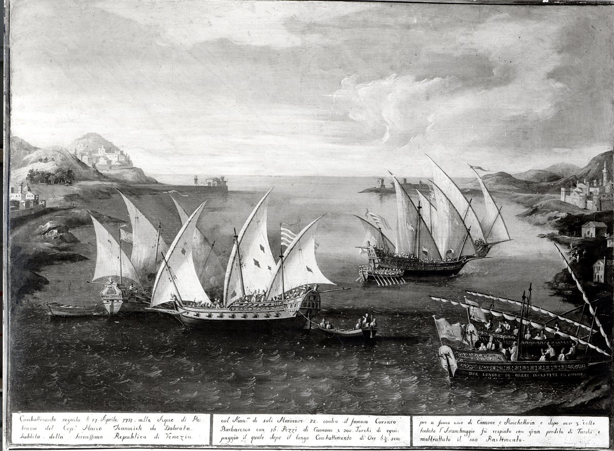 Tapahtuma Patraksen edustalla venetsialaisen kapteeni Ivanovich da Dabrotan ja turkkilaisen merirosvo Barbarossan välillä, 17. huhtikuuta 1751 tekijältä Italian School