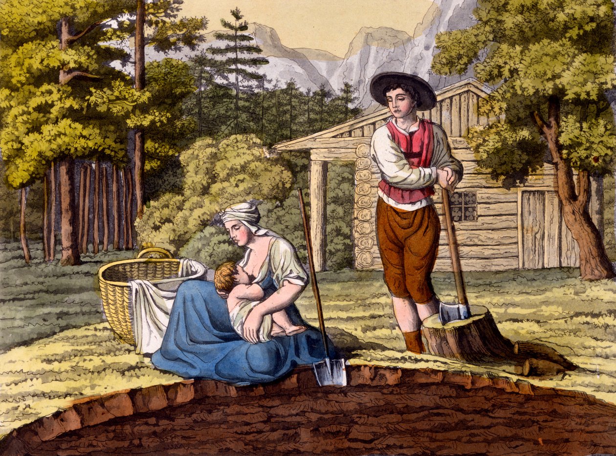 Itävallan Alppien asukkaat rakentamassa kotitilaa Costumi dei Romanista, Svizzeristä.. n. 1800-18 tekijältä Italian School