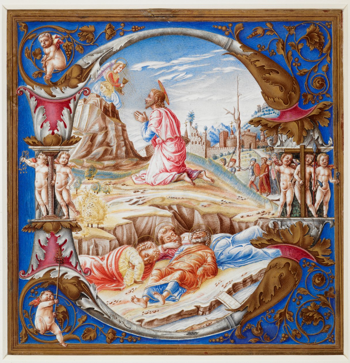 Alkukirjain D, jossa näkyy Agony in the Garden, kuorokirjasta (lisäys 74233 A), n. 1500 (vellum) tekijältä Italian School