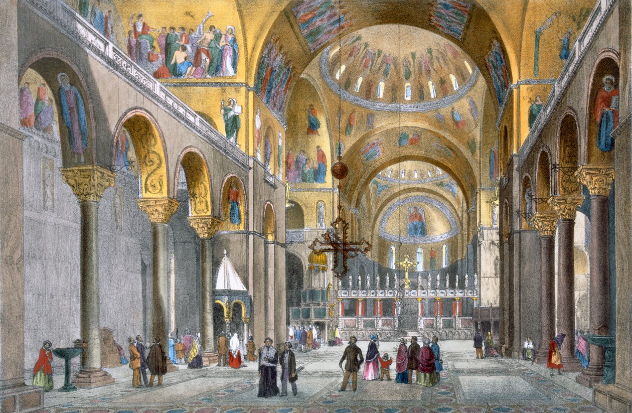 Pyhän Markuksen basilikan sisäkuva kupolia päin, Cecchinin, Pividorin ja Violan Venetsian näkymistä, n. 1850 (käsinvärinen lito) tekijältä Italian School