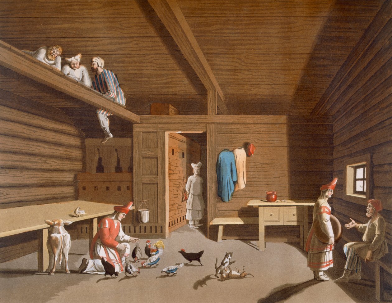 Venäläisen talonpoikakodin sisustus, noin 1820-30-luvut tekijältä Italian School