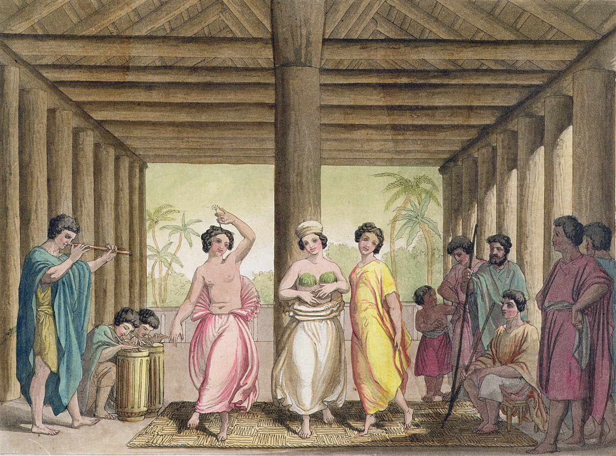 Tahitilaisen talon sisustus tanssi tyttöjen kanssa, kuvitus 1800-luvun alun matkakirjojen kokoelmasta tekijältä Italian School
