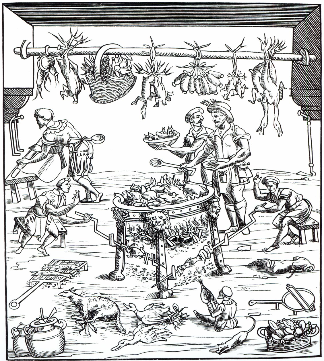 Italialaisen keittiön sisustus, Christoforo di Messisburgon teoksessa Banchetti kompozicioni di Vivende, 1549 julkaistu puupiirros. tekijältä Italian School