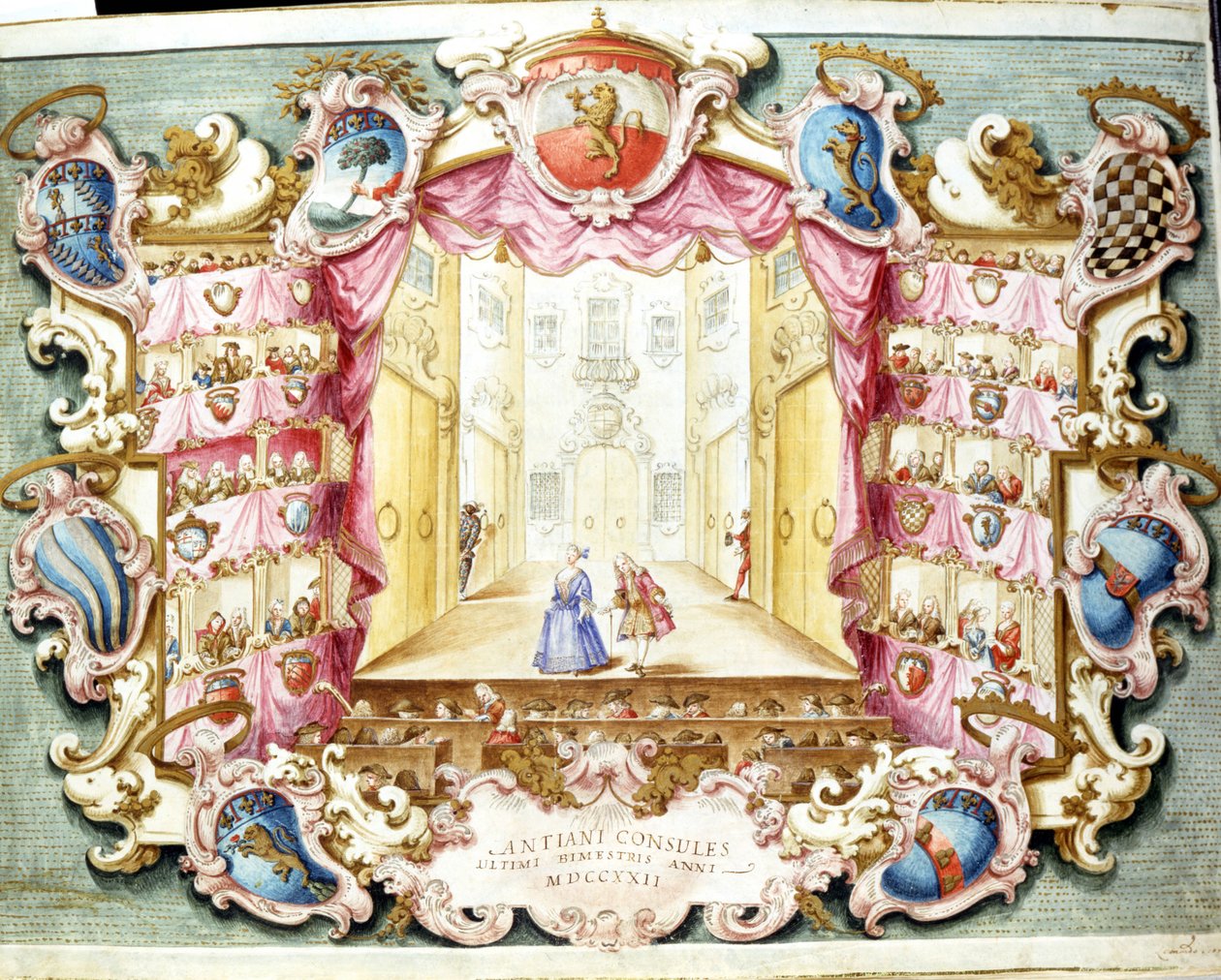Bolognan Theatre de la Sala -teatterin sisustus 1722. Aikakauden painos. Valtion arkisto, Bologna. tekijältä Italian School
