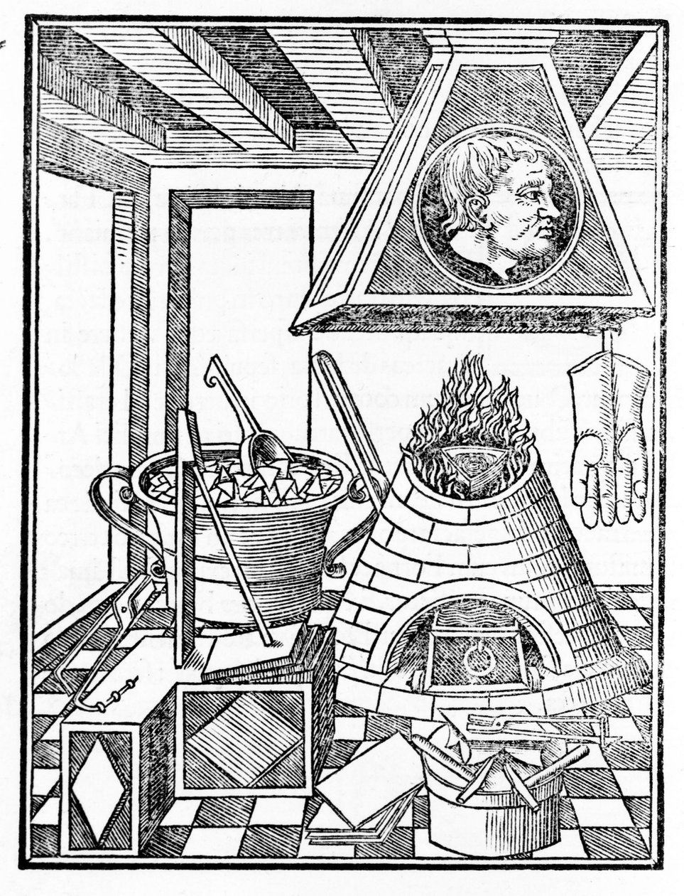 Metallurgiapajan sisäkuva Giovanni Agostino Pantheon (1517-1535) kaiverrus teoksesta "Voarchadumia contra alchimiam ars differenta ab archimia et sophia.". tekijältä Italian School