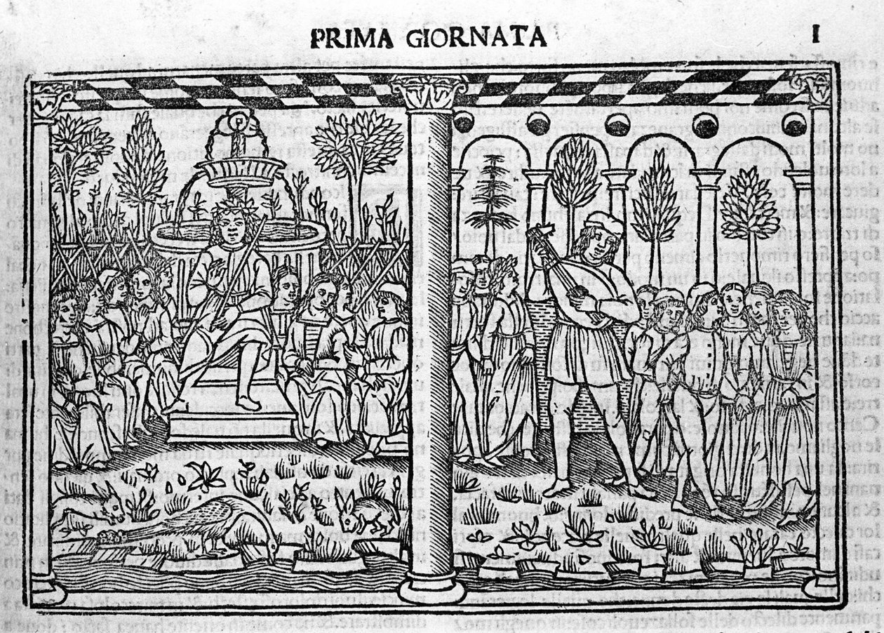 Johdanto: Decameronin kirjoittajan edustus ympäröi kymmenen nuorta. Giovanni Boccaccion tai Jean Boccacen (1313-1375) kuva Decameronin (1349-1351) ensimmäisestä päivästä, kaiverrus "" Decamerone ouer Cento nouelle"" Venetsia, Bartol tekijältä Italian School