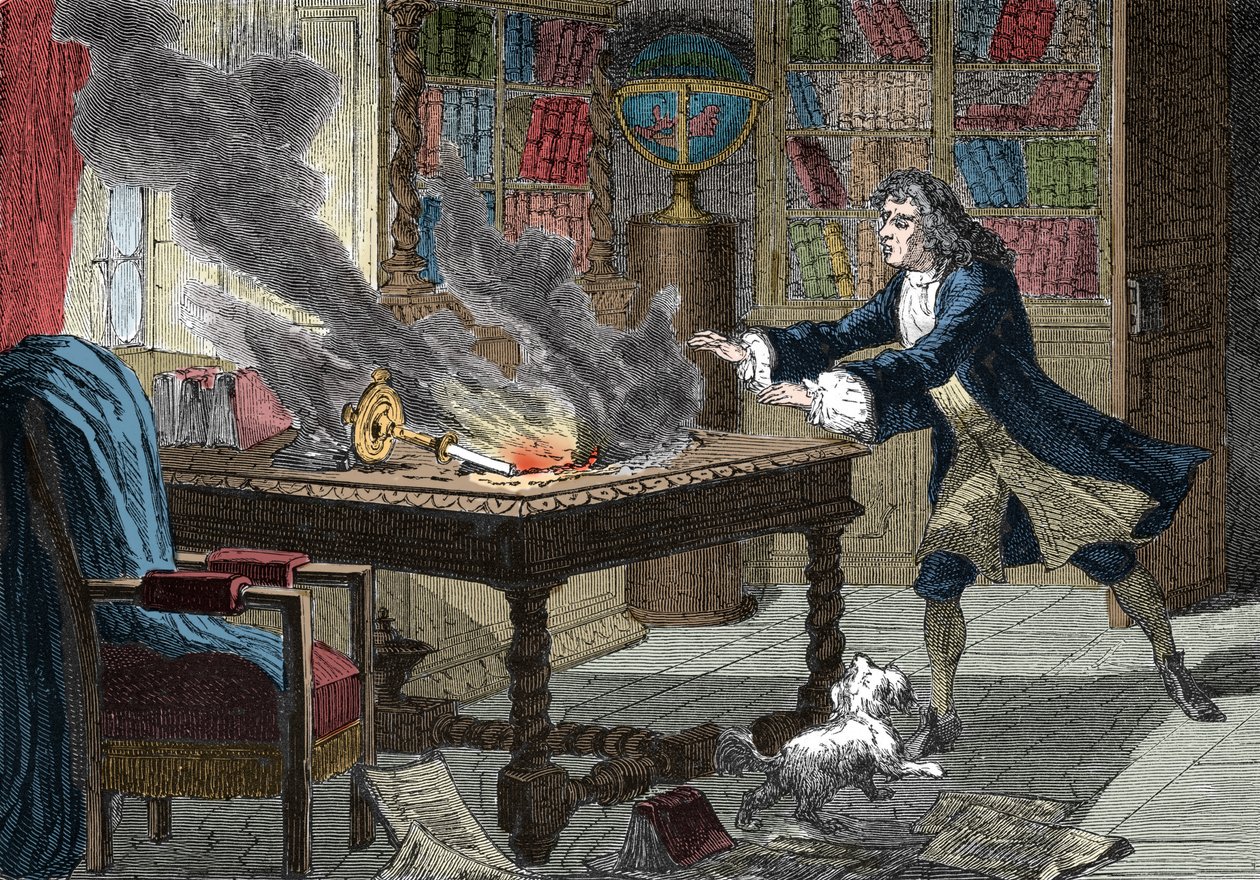 Isaac Newtonin koira koputtaa kynttilän ja sytyttää paperinsa tuleen tekijältä Italian School