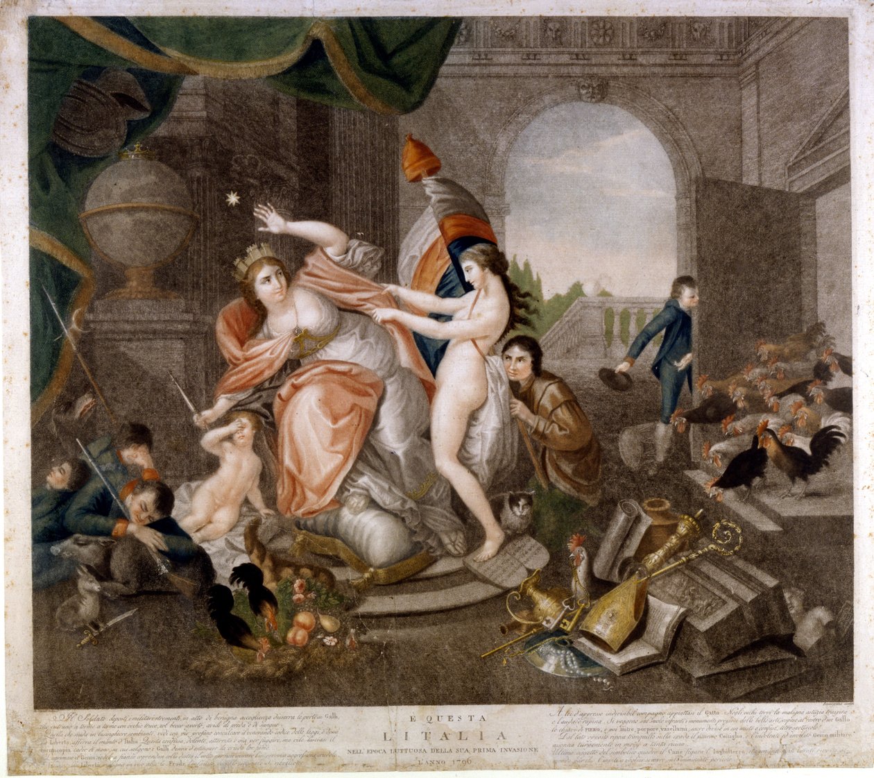 Italialainen ranskanvastainen satiirinen julkaisu vuoden 1796 hyökkäyksestä. Museo del Risorgimento. Milano tekijältä Italian School