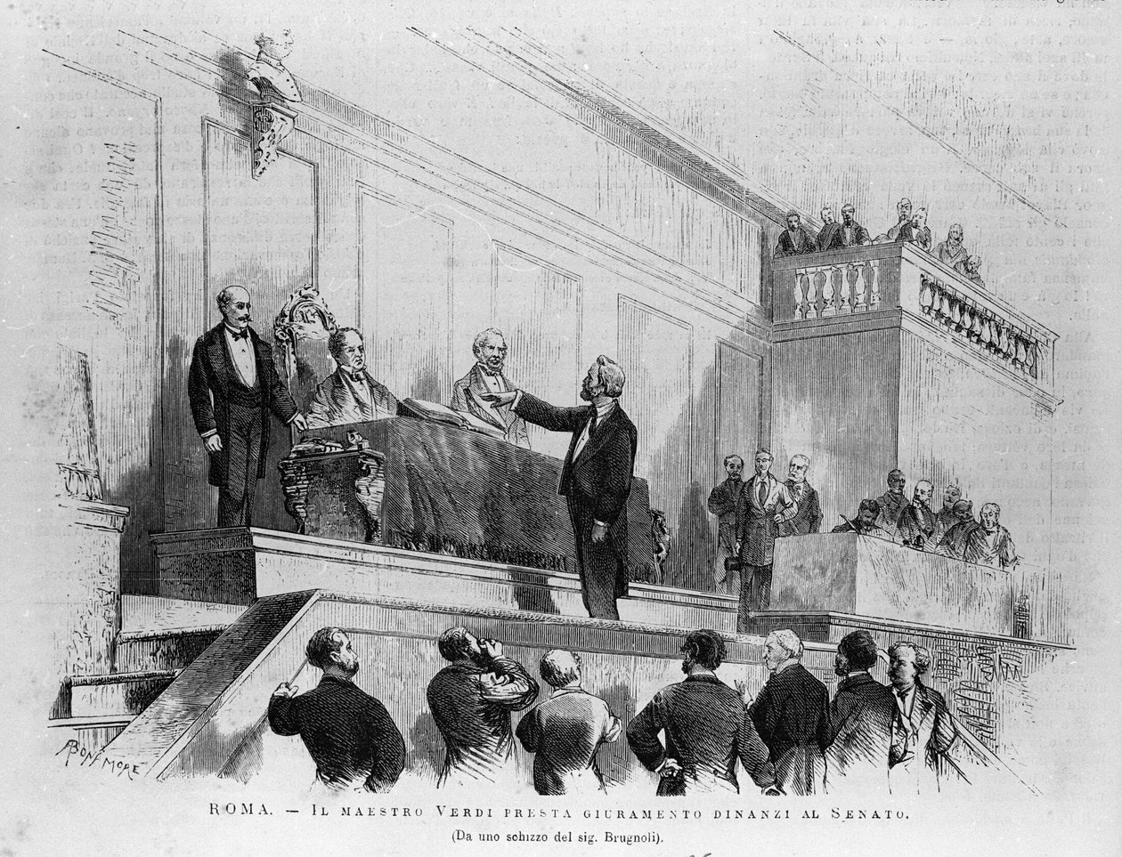 Italialainen säveltäjä Giuseppe Verdi (1813-1901) nimitti senaatin senaattoriksi vuonna 1874 Roomassa. Kaiverrus vuodelta 1875. tekijältä Italian School