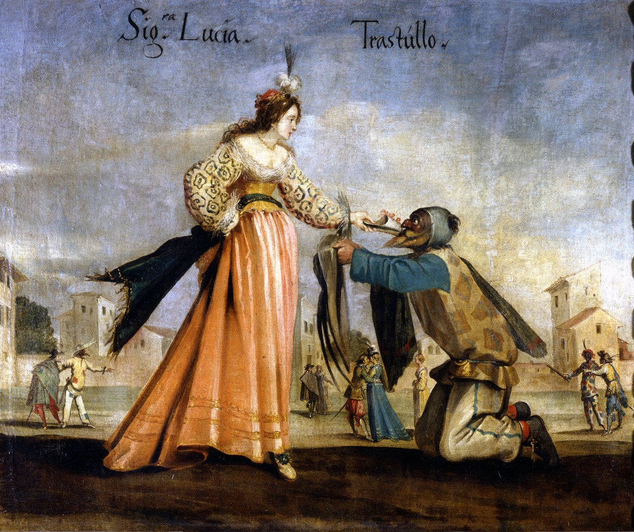 italialaiset naamarit. 1600-luvun Bolognan koulun maalaus: Madame Lucia ja Trastullo. Museo Scala Milano tekijältä Italian School
