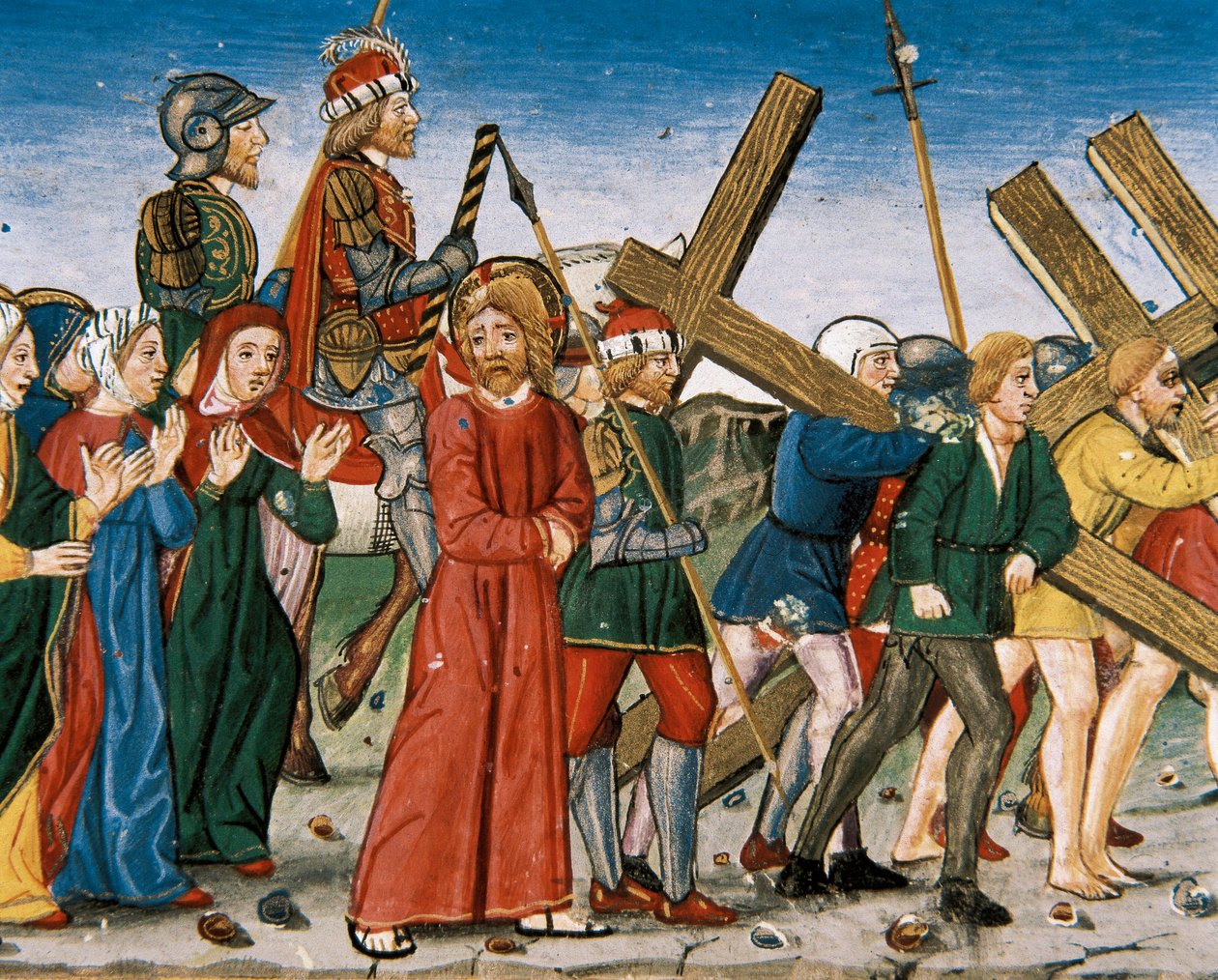 Jeesus johtaa Golgatalle ja pyhiin naisiin matkalla. Cristobal de Predisin käsikirjoitus (1440-1486) tekijältä Italian School
