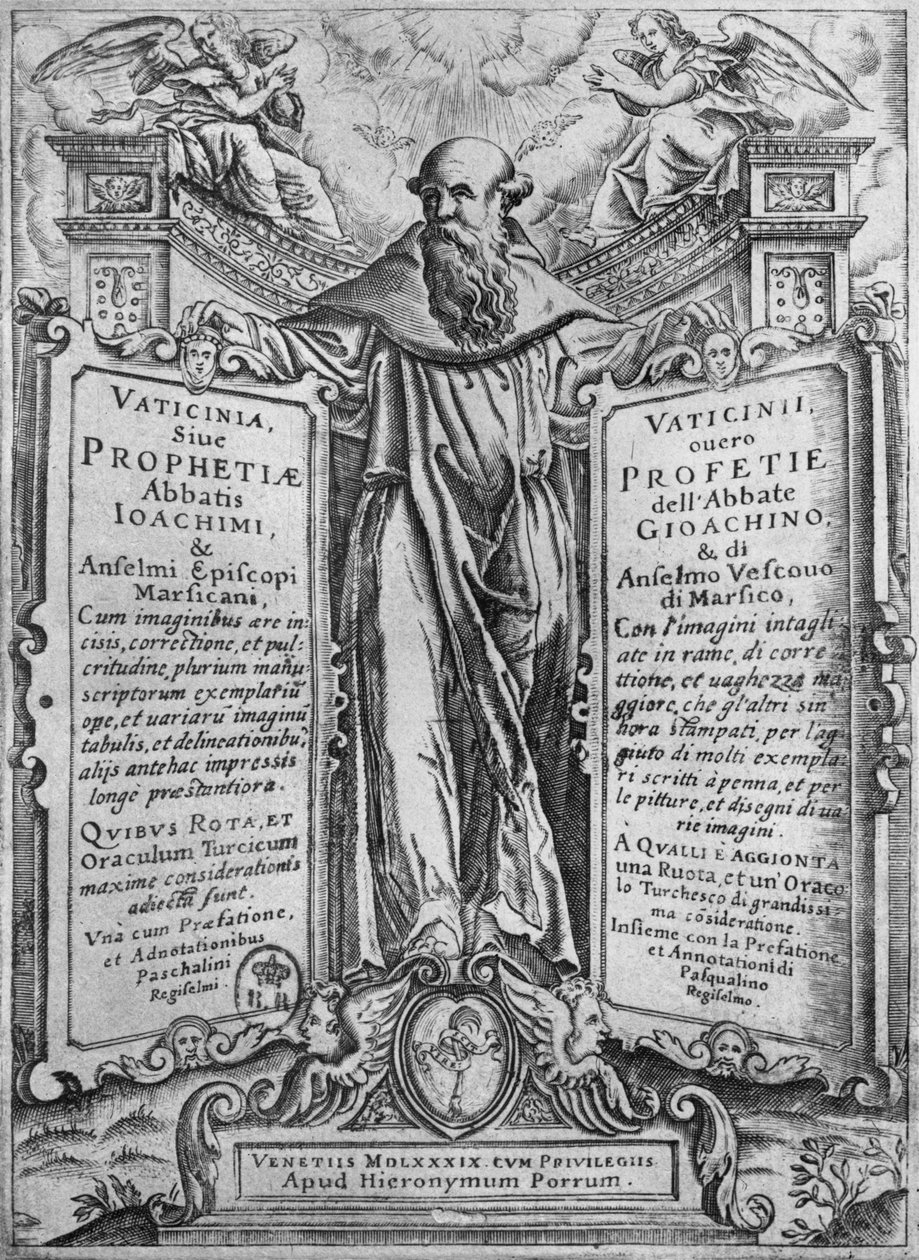 Joachim of Flora, kuvitus teoksesta "Vaticinia Sive Prophetiae Abbatis Ioachimi", 1589 (kaiverrus) (bw kuva) tekijältä Italian School