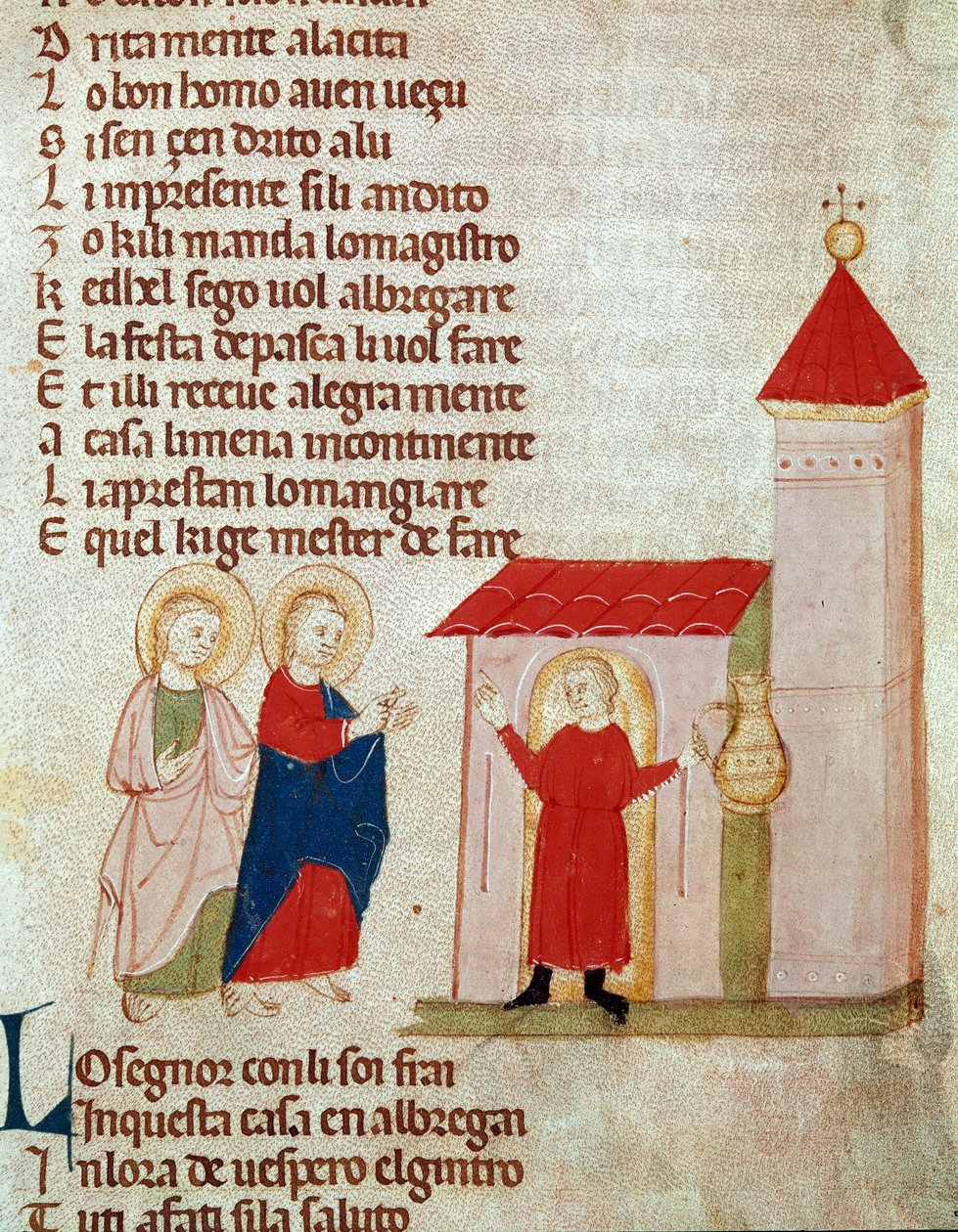Joosef ja Maria hakevat turvapaikkaa Pietro da Barsegapen (1200-luku) pienoismalli "Uudesta ja Vanhasta Testamentista" 1300-luvun Milano, Braidensen kirjasto tekijältä Italian School