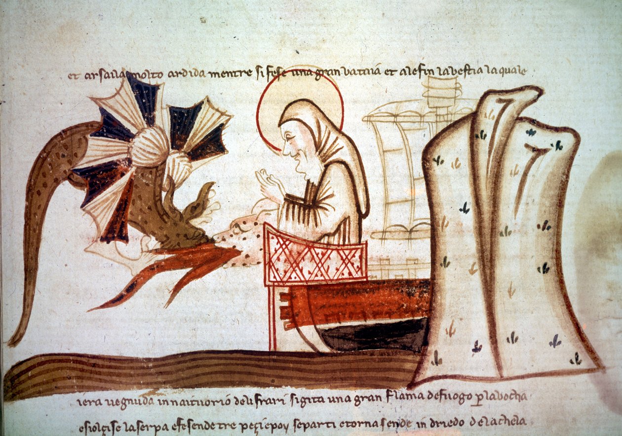 Saint Brandanin matka - Saint Brendanin (Brandan), 6. vuosisadan munkkinavigaattorin tapaaminen lentävän merihirviön kanssa. käsikirjoitus Venetsia, 1300-luvun 2. puolisko Pariisi, BNF, Käsikirjoitukset, italia 1708, f. 16 tekijältä Italian School