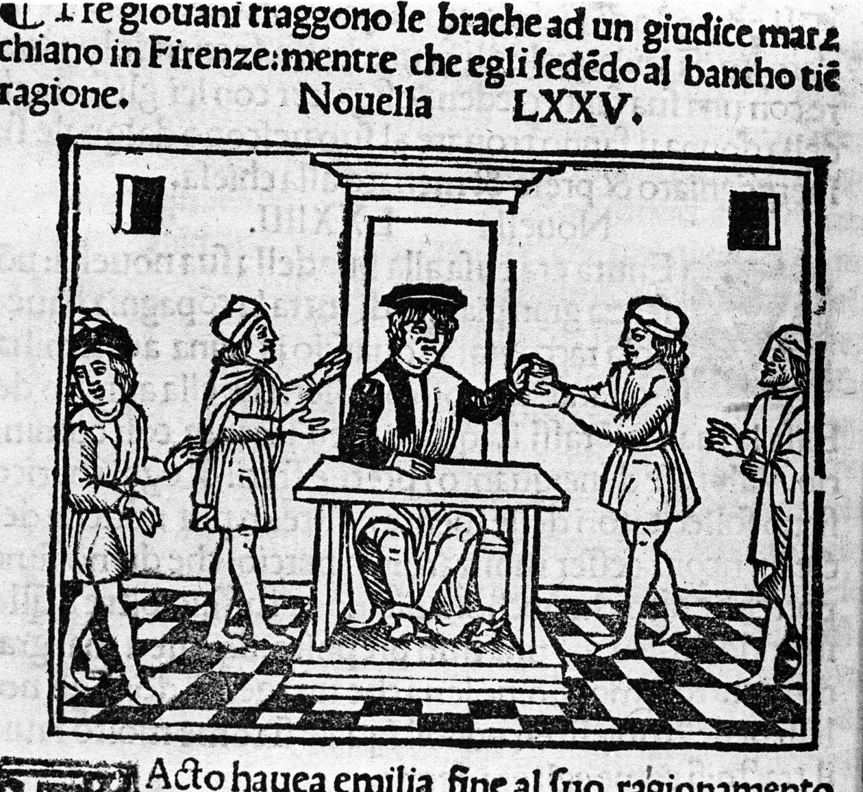 Tuomiokohtaus Firenzessä. Kuva italialaisen kirjailijan Giovanni Boccaccio dit Jean Boccaccion (1313-1375) "Decameronin" uutisille 75 (uusi 5 kahdeksannesta päivästä). Kaiverrus "" Decamerone ouer Cento nouelle"" Venetsia, Bartolomeo de 
