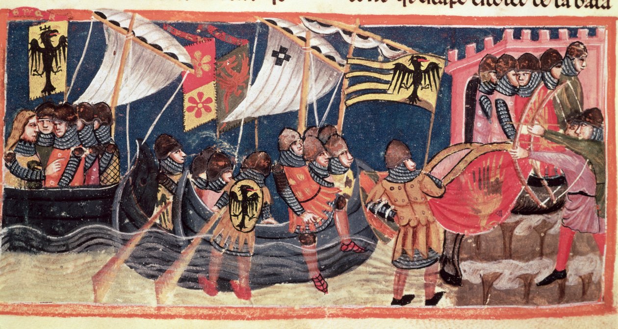 Julius Caesar (100-44 eKr.) laskeutui Englantiin, Le Vite di Dodici Cesarista, kirjoittanut Gaius Suetonius Tranquillus (n.75-150) tekijältä Italian School