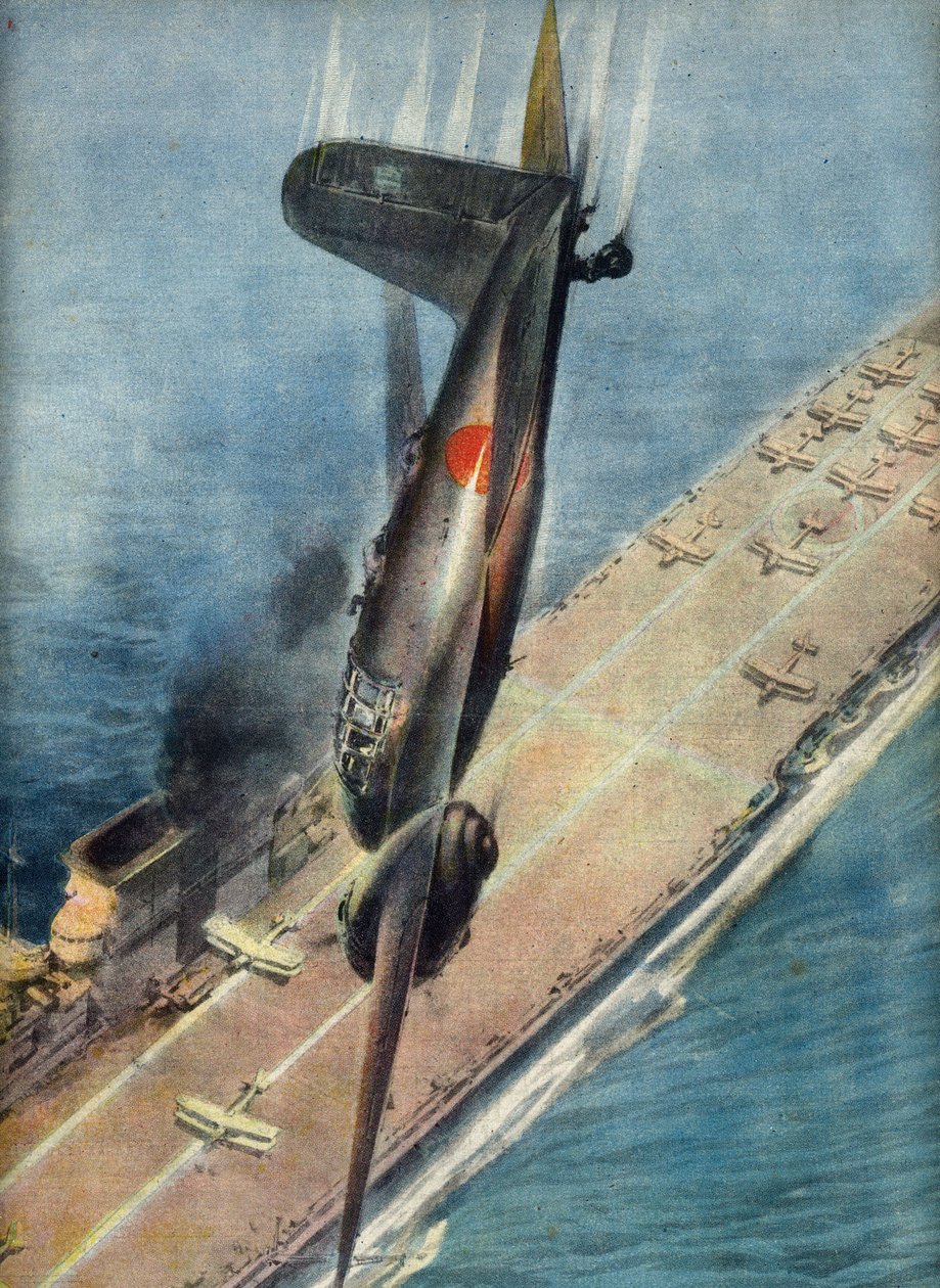 Kamikaze-lentäjä Abe hyökkää brittiläisen lentotukialuksen kimppuun, kuvitus "La Domenica del Corriere" -lehdestä, 5. marraskuuta 1944 (painettu). tekijältä Italian School