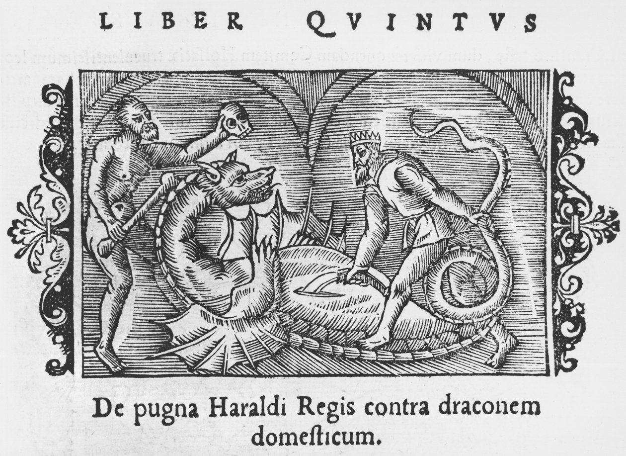 Kuningas Harald taistelee lohikäärmettä vastaan, kuvitus Olaus Magnuksen (1490-1558) teoksesta Northern Nations History, julkaistu Roomassa, 1555 tekijältä Italian School